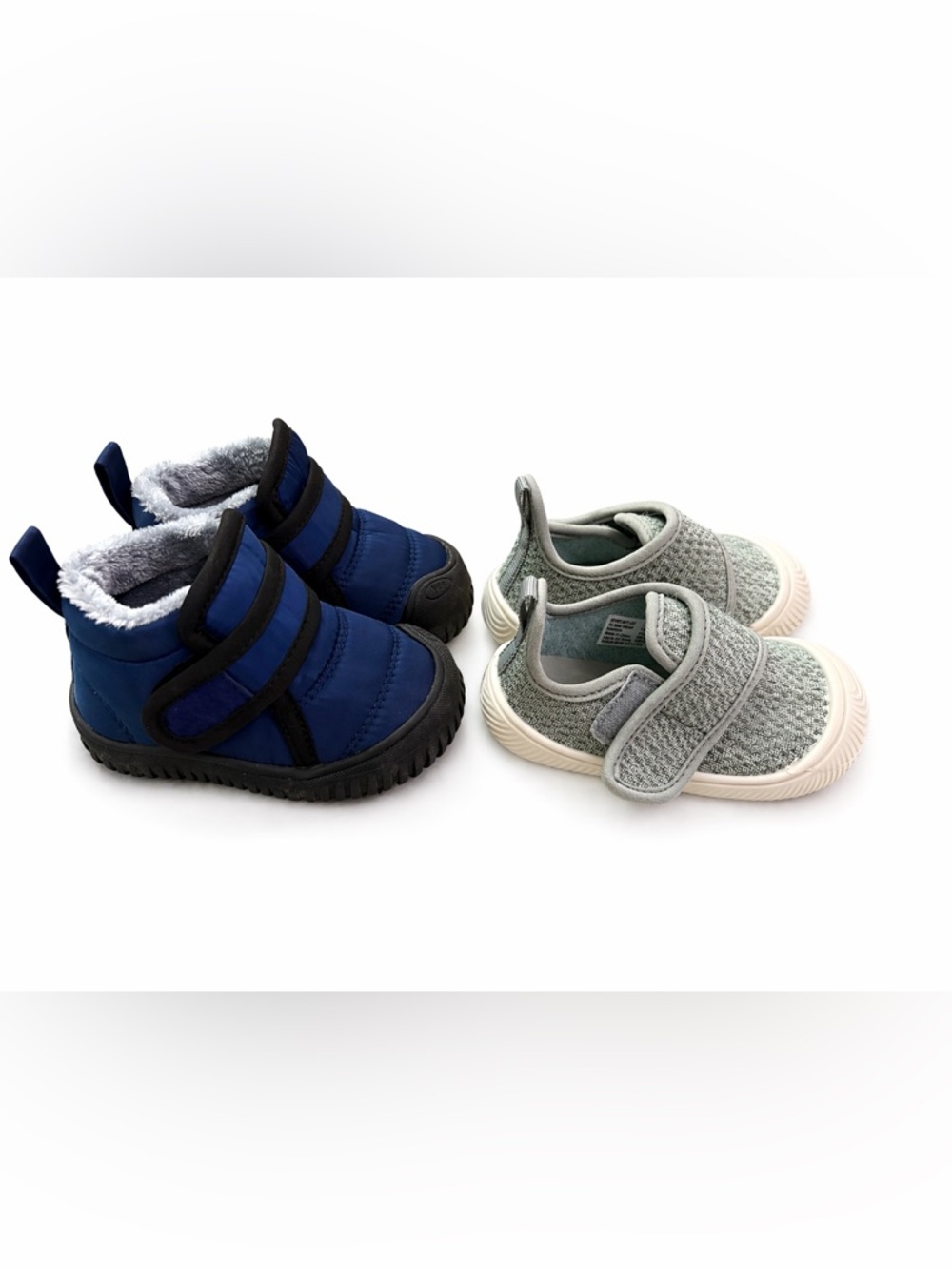 Amazon Kids Navy Puffer Boots and Light Gray Knit Slip-On Sneakers